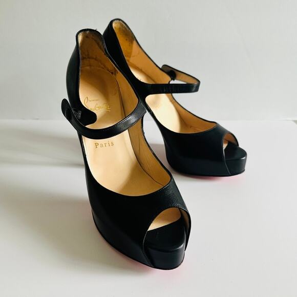 Christian Louboutin Zeppa Peep Toe Mary Jane Pumps Black Leather Size 40 5" Heel - Picture 3 of 12